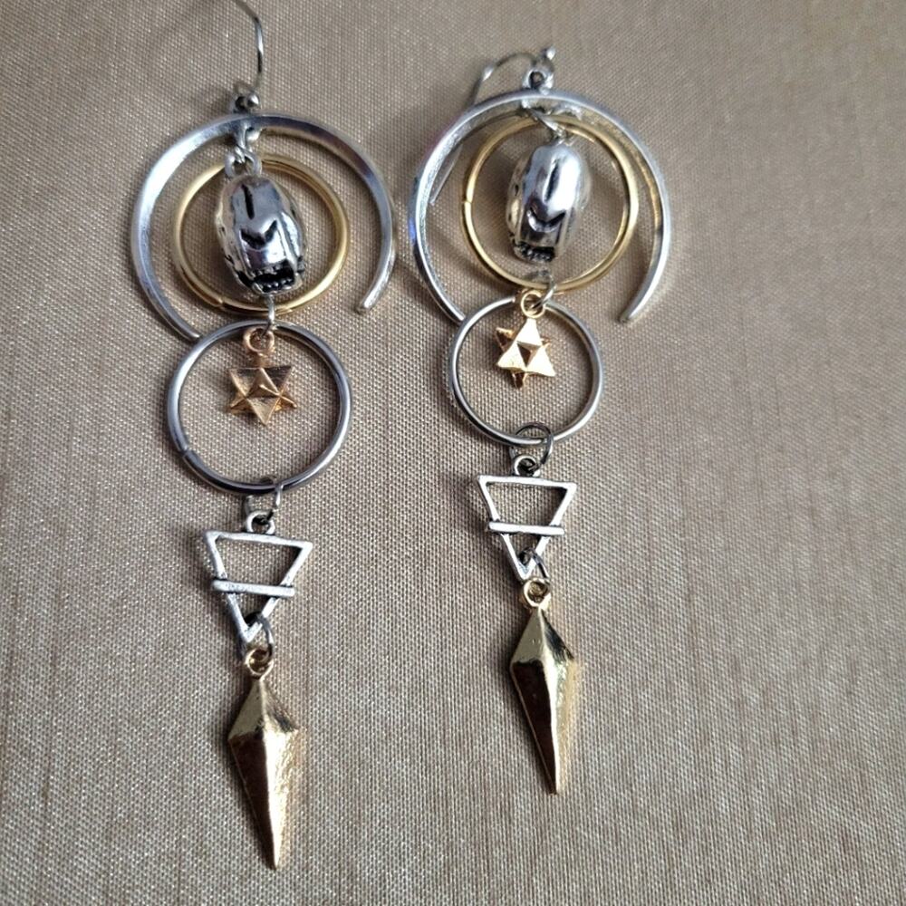 Art deco boho ecclectic geometric shape dangle earrings with animal skulls